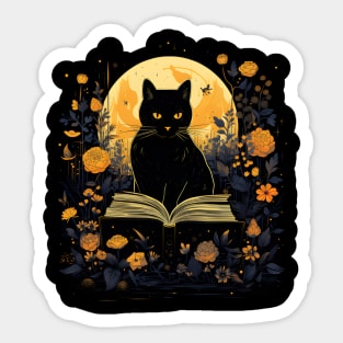 Floral Black Cat And Book Catshirt Sticker